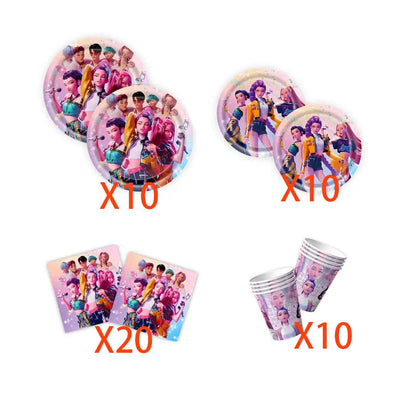 Kpop Demon Hunters Theme Disposable Tableware Set Party Supplies Huntrix Saga Boys Cake Toppings Hanging Cloth Party Decoration