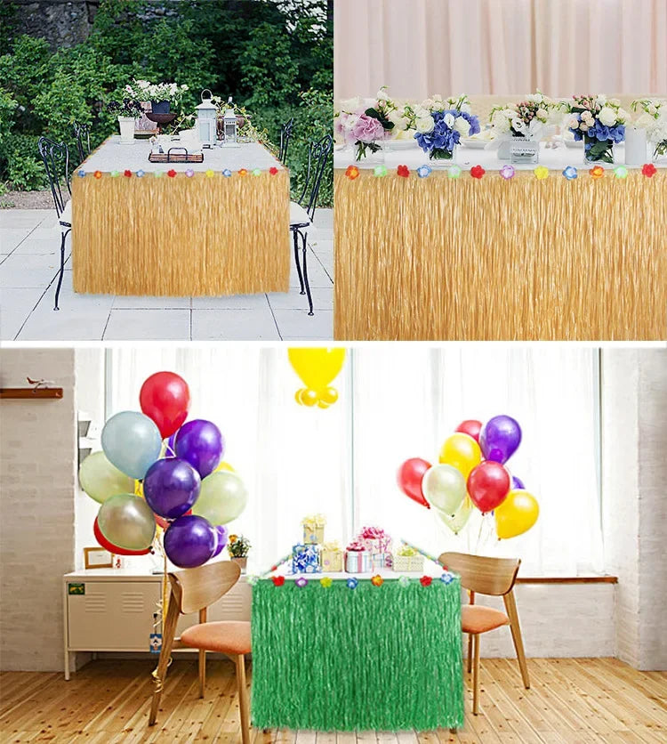 Luau Party Decorations Hawaiian Grass Table Skirt Flower Party Favors for Summer Tropical Indoor Outdoor Parties