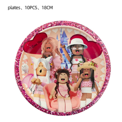 Pink Robloxed Theme Birthday Party Decorations Tableware Set Balloons Cups Plates Banner Backdrop for Girls Baby Shower Supplies