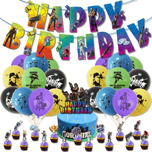 Fortnite Birthday Party Decoration Set Banner Cake Flag Game Series Backdrop Alpaca Balloon Baby Shower Kids Party Supplies Gift
