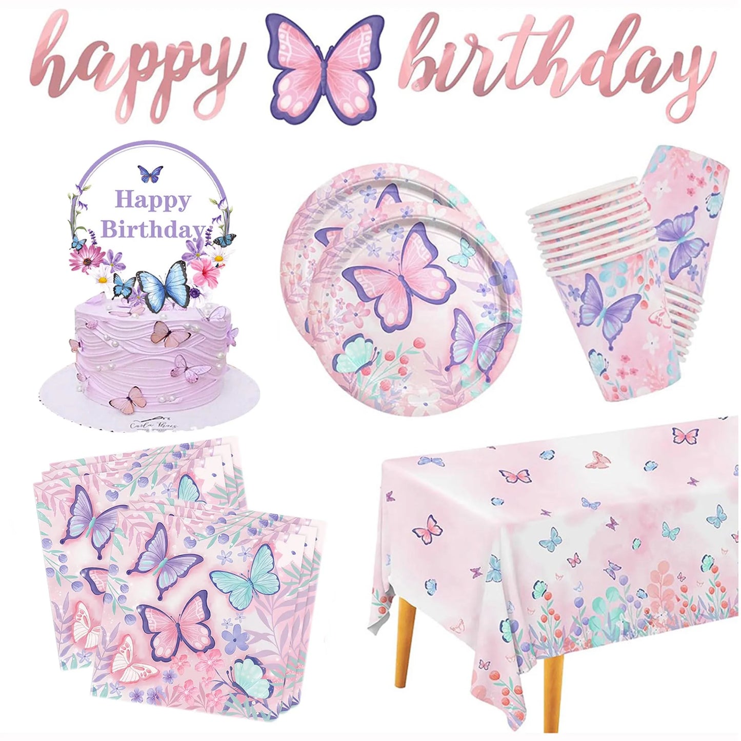 Butterfly Birthday Party Decoration Disposable Party Plates Cup Napkin Tablecloth Butterfly Knìfe Birthday Decoration Baby Showe