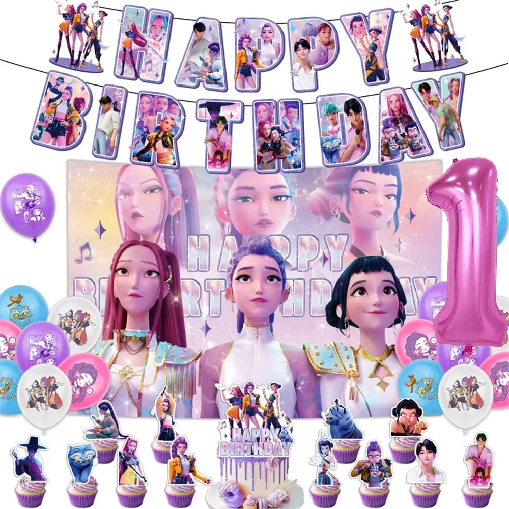Kpop Demon Hunters Theme Disposable Tableware Set Party Supplies Huntrix Saga Boys Cake Toppings Hanging Cloth Party Decoration