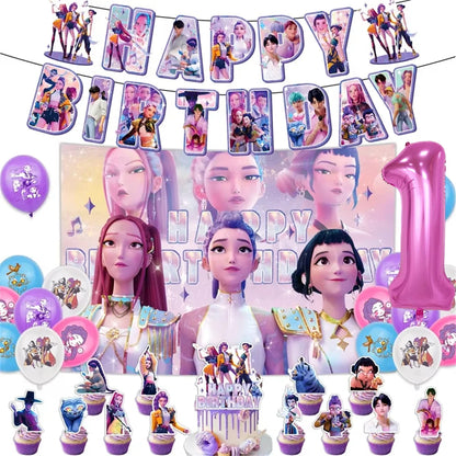 Kpop Demon Hunters Theme Disposable Tableware Set Party Supplies Huntrix Saga Boys Cake Toppings Hanging Cloth Party Decoration