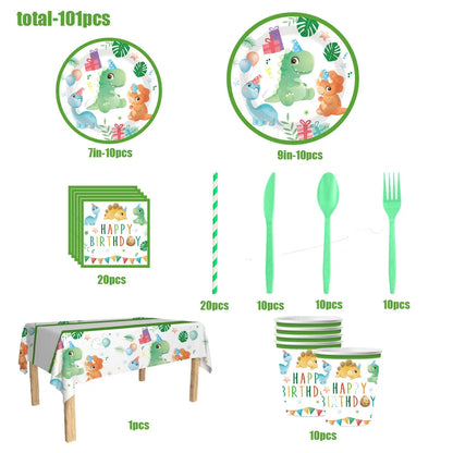 Cartoon Dinosaur Theme Birthday Party Decorations Cartoon Disposable Tableware Set Disposable Plates Kids Boys Girls Baby Shower