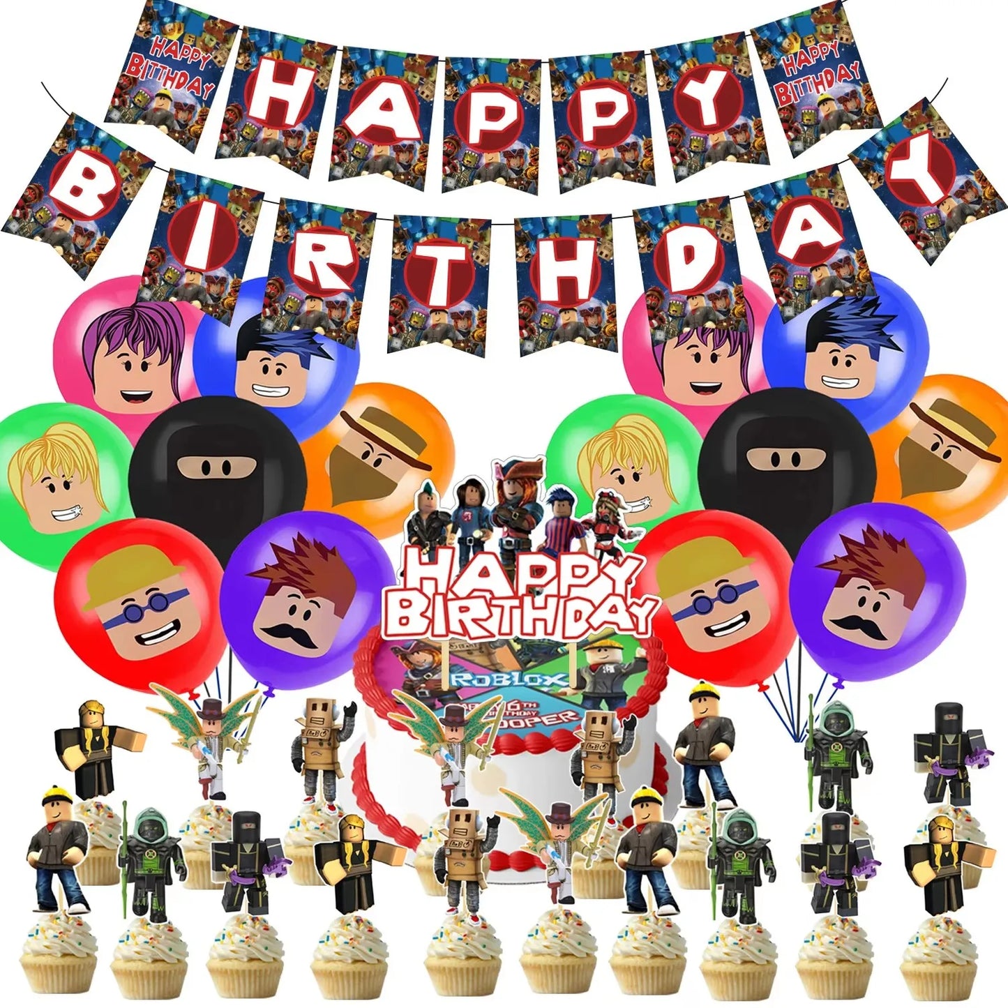 Roblox Birthday Party Decoration Roblox Game Set Tableware Tablecloth Balloon Cake Topper Backdrop Baby Showe Toy Party Supplies