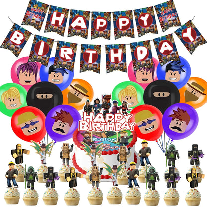 Roblox Birthday Party Decoration Roblox Game Set Tableware Tablecloth Balloon Cake Topper Backdrop Baby Showe Toy Party Supplies