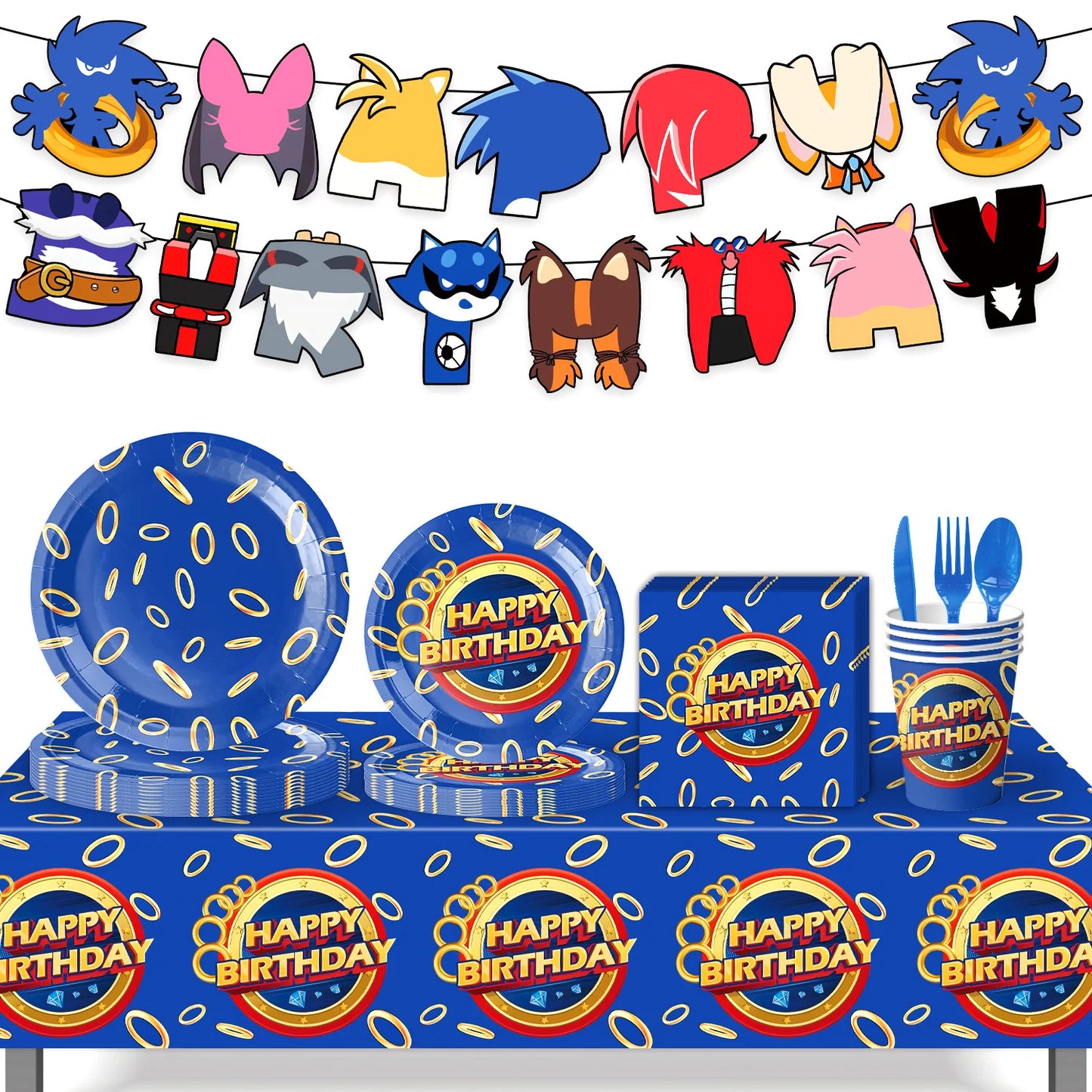 Sonic boys and girls' birthday party decorations, baby party decorations, disposable tableware stickers，tablecloths，back drop。