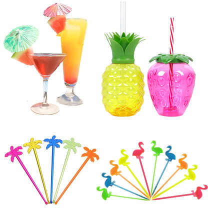 Tropical Party Decorations  Hibiscus Flower Garland Strawberry Cups Luau Grass Table Skirt Summer Beach Hawaiian Party Supplies