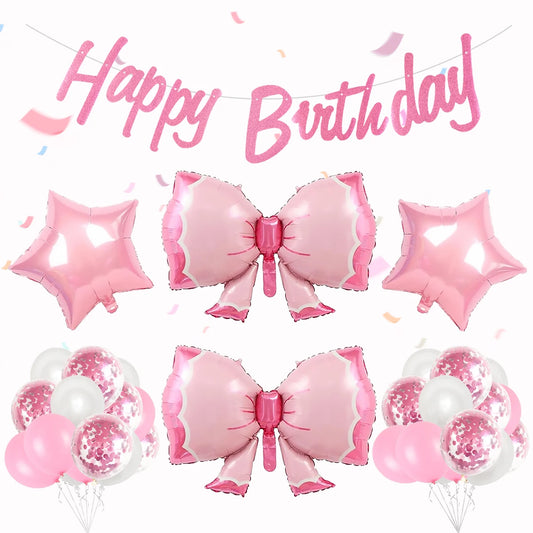 2/20pcs Pink Bow Birthday Party Decorations, Happy Birthday Banner, Wedding, Gender Reveal, Girls Birthday Party Decorations