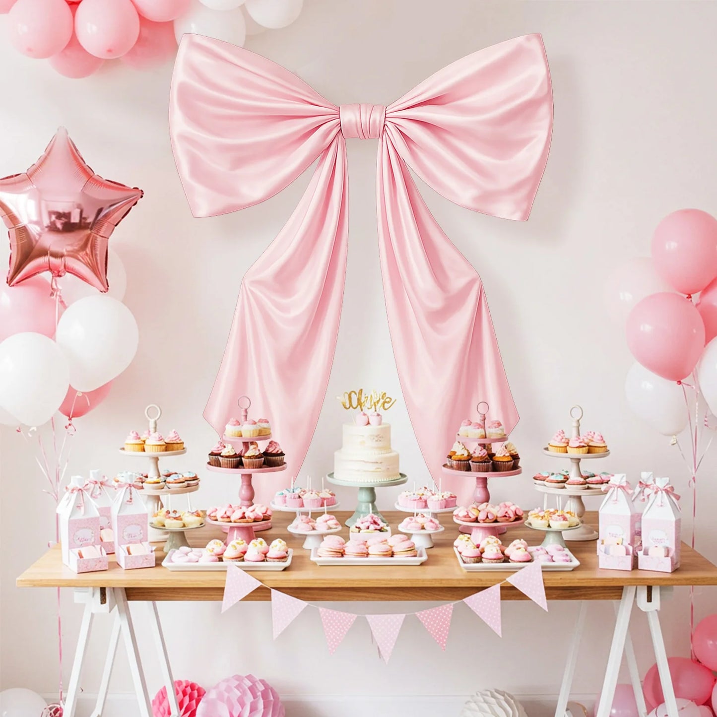 43 x 24 Inches Large Bow Themed Party Decorations Giant Pink Bow Decor Satin Ribbon, Contains Felt Big Pink Bow Wall Decor
